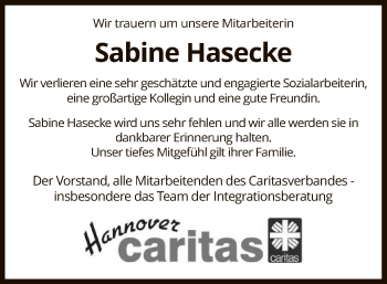 Traueranzeige von Sabine Hasecke von WRS