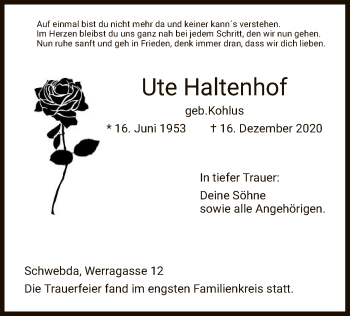 Traueranzeige von Ute Haltenhof von WRS