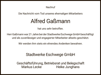 Traueranzeige von Alfred Gaßmann von Eschwege