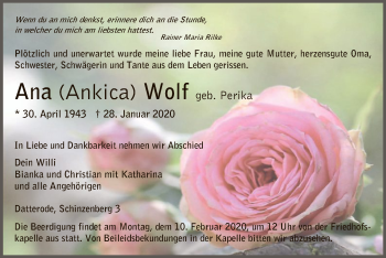 Traueranzeige von Ana Wolf von Eschwege