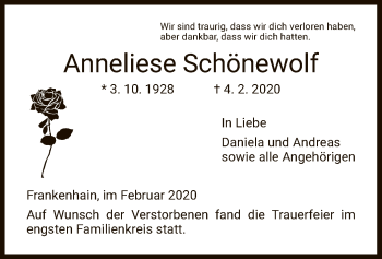 Traueranzeige von Anneliese Schönewolf von Eschwege