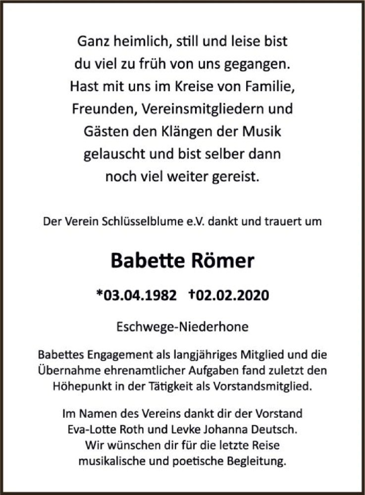  Traueranzeige für Babette Römer vom 08.02.2020 aus Eschwege