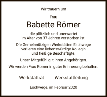 Traueranzeige von Babette Römer von Eschwege