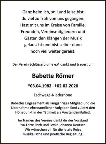 Traueranzeige von Babette Römer von Eschwege