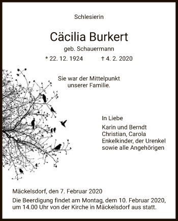 Traueranzeige von Cäcilia Burkert von Eschwege