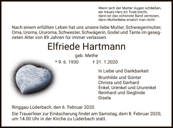 Traueranzeige von Elfriede Hartmann von Eschwege