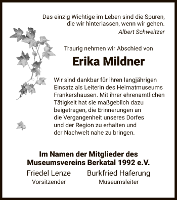 Traueranzeige von Erika Mildner von Eschwege