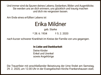 Traueranzeige von Erika Mildner von Eschwege