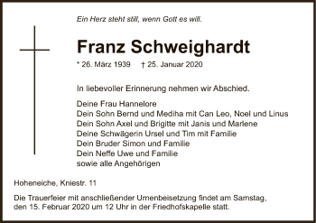 Traueranzeige von Franz Schweighardt von Eschwege