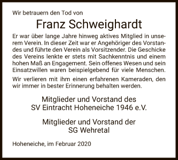 Traueranzeige von Franz Schweighardt von Eschwege