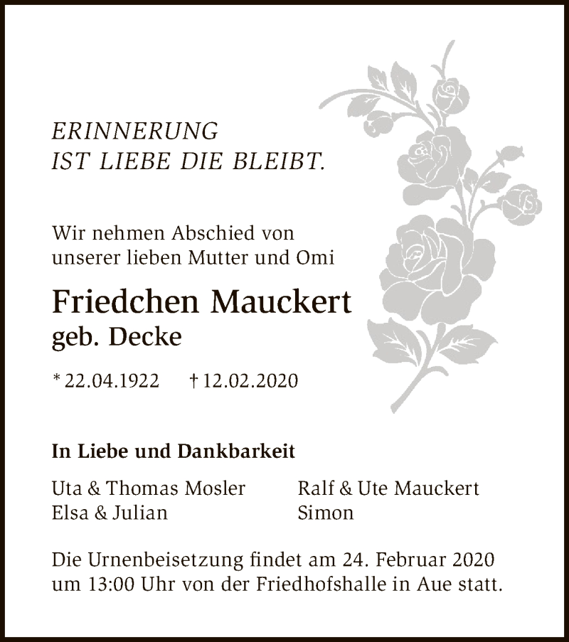  Traueranzeige für Friedchen Mauckert vom 20.02.2020 aus Eschwege