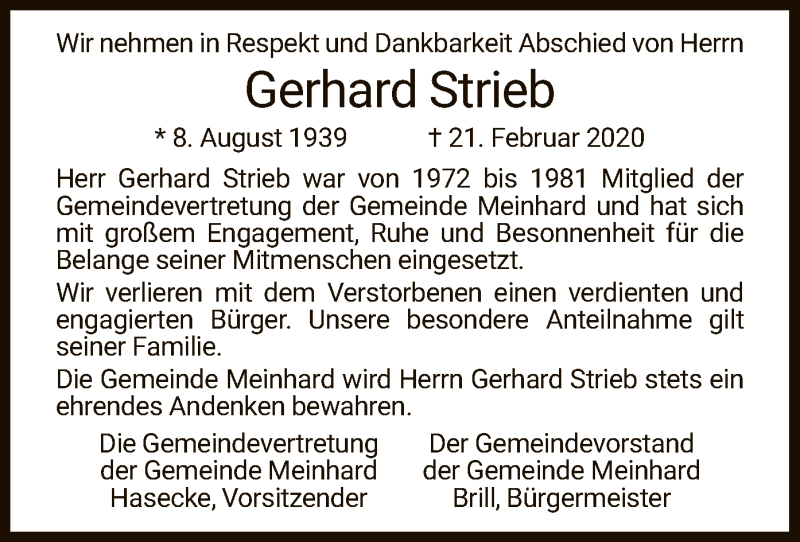  Traueranzeige für Gerhard Strieb vom 27.02.2020 aus Eschwege