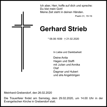 Traueranzeige von Gerhard Strieb von Eschwege