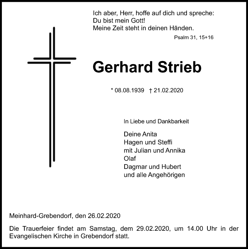  Traueranzeige für Gerhard Strieb vom 26.02.2020 aus Eschwege