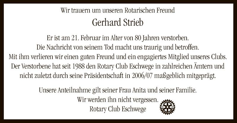  Traueranzeige für Gerhard Strieb vom 26.02.2020 aus Eschwege