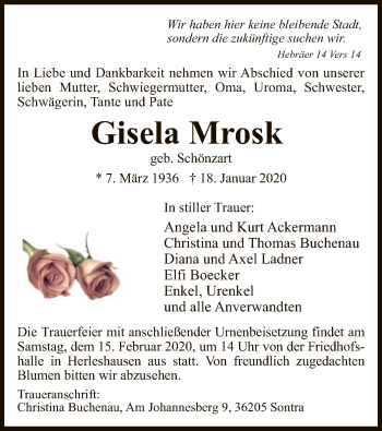 Traueranzeige von Gisela Mrosk von Eschwege