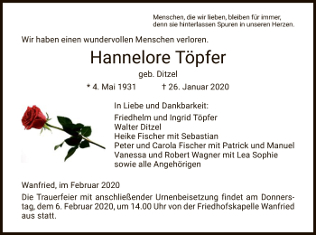 Traueranzeige von Hannelore Töpfer von Eschwege