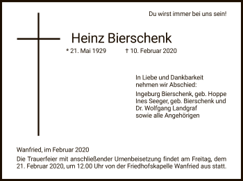 Traueranzeige von Heinz Bierschenk von Eschwege