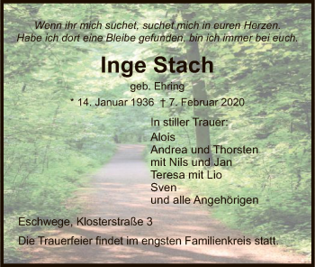 Traueranzeige von Inge Stach von Eschwege