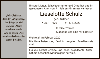 Traueranzeige von Lieselotte Schulz von Eschwege