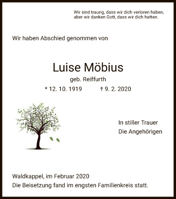 Traueranzeige von Luise Möbius von Eschwege