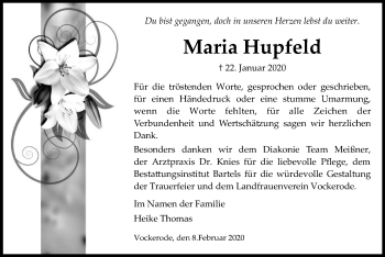 Traueranzeige von Maria Hupfeld von Eschwege