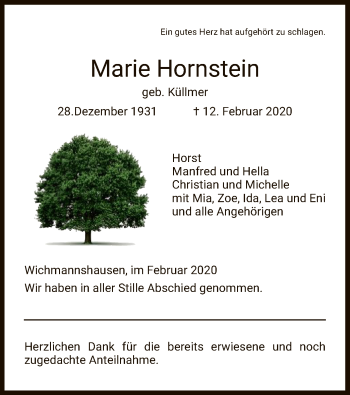 Traueranzeige von Marie Hornstein von Eschwege