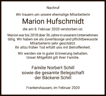 Traueranzeige von Marion Hufschmidt von Eschwege