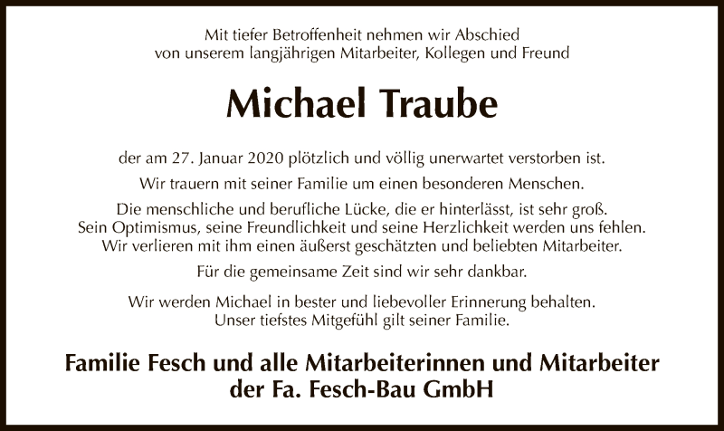 Traueranzeige für Michael Traube vom 04.02.2020 aus Eschwege