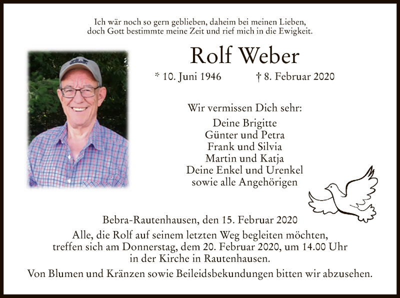  Traueranzeige für Rolf Weber vom 15.02.2020 aus Eschwege