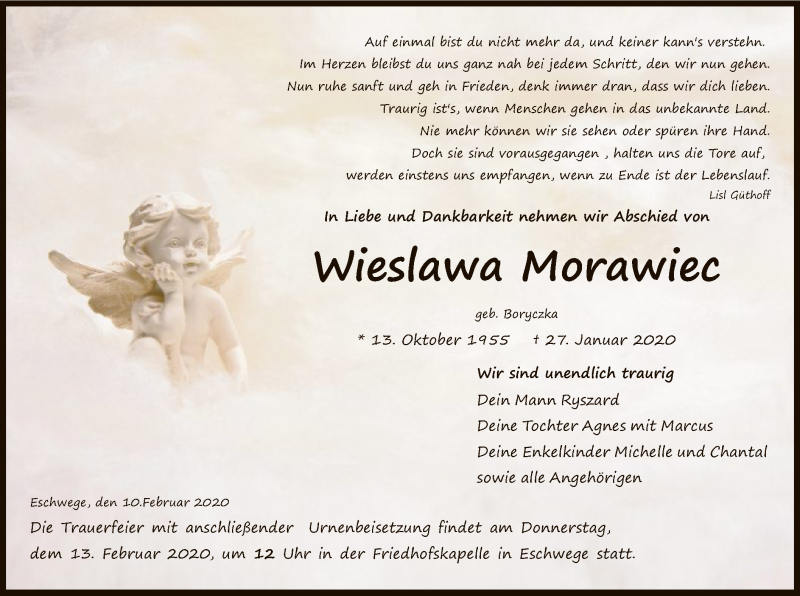  Traueranzeige für Wieslawa Morawiec vom 10.02.2020 aus Eschwege
