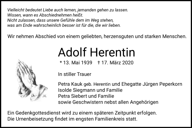  Traueranzeige für Adolf Herentin vom 26.03.2020 aus Eschwege