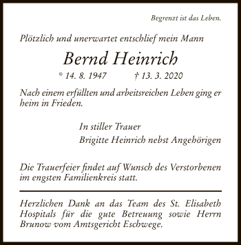 Traueranzeige von Bernd Heinrich von Eschwege