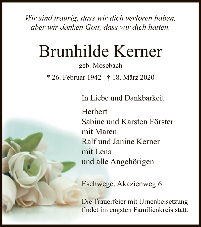  Traueranzeige für Brunhilde Kerner vom 25.03.2020 aus Eschwege