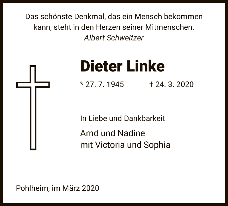  Traueranzeige für Dieter Linke vom 28.03.2020 aus Eschwege
