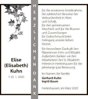 Traueranzeige von Elise Kuhn von Eschwege