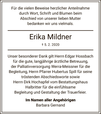 Traueranzeige von Erika Mildner von Eschwege
