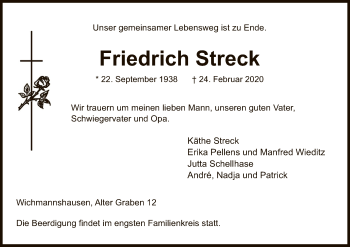 Traueranzeige von Friedrich Streck von Eschwege