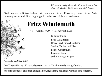 Traueranzeige von Fritz Windemuth von Eschwege