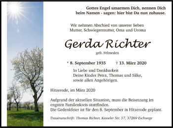 Traueranzeige von Gerda Richter von Eschwege