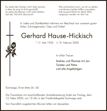 Traueranzeige von Gerhard Hause-Hickisch von Eschwege