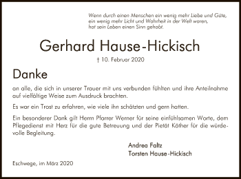 Traueranzeige von Gerhard Hause-Hickisch von Eschwege