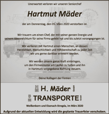 Traueranzeige von Hartmut Mäder von Eschwege