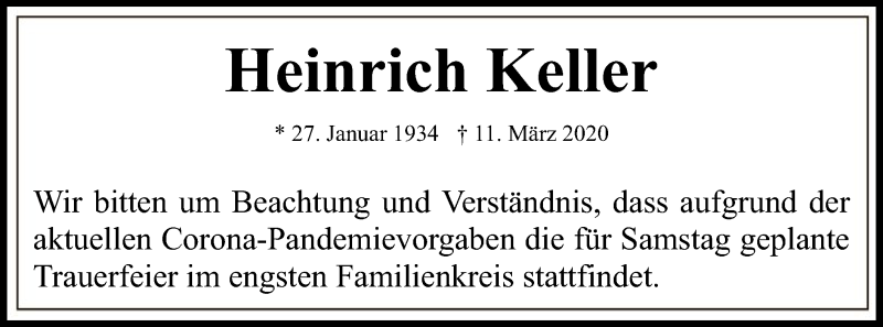  Traueranzeige für Heinrich Keller vom 18.03.2020 aus Eschwege