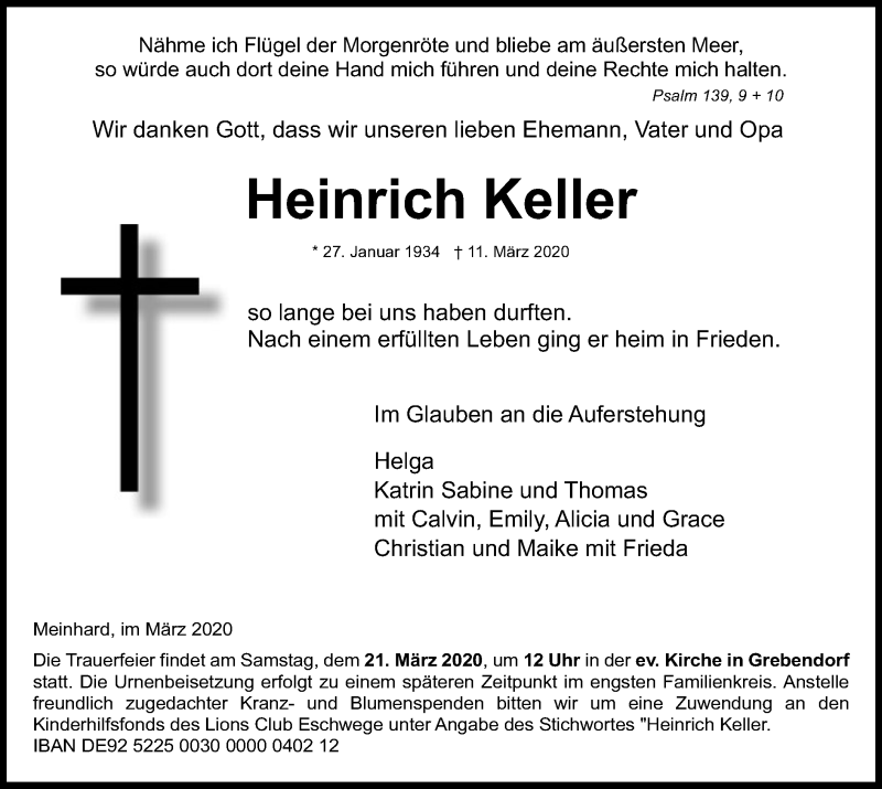  Traueranzeige für Heinrich Keller vom 14.03.2020 aus Eschwege