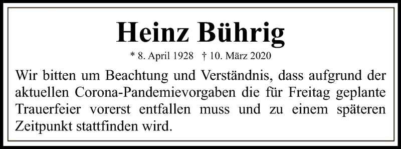  Traueranzeige für Heinz Bührig vom 18.03.2020 aus Eschwege