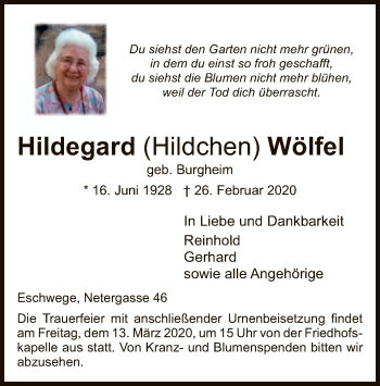 Traueranzeige von Hildegard Wölfel von Eschwege