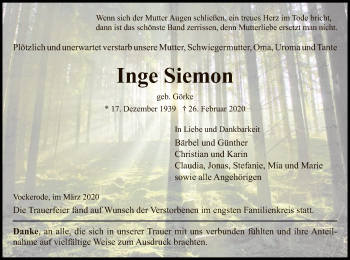 Traueranzeige von Inge Siemon von Eschwege