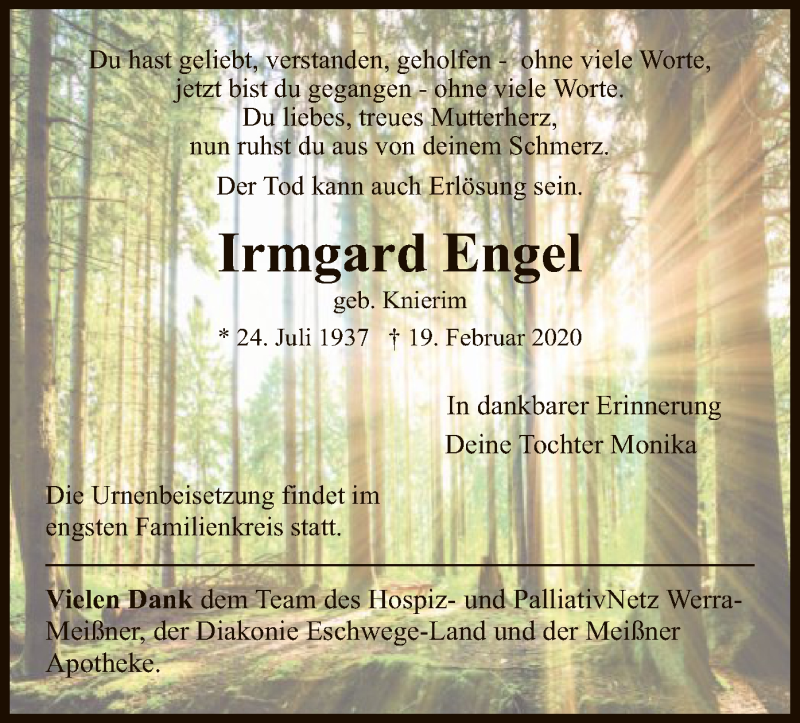  Traueranzeige für Irmgard Engel vom 29.02.2020 aus Eschwege