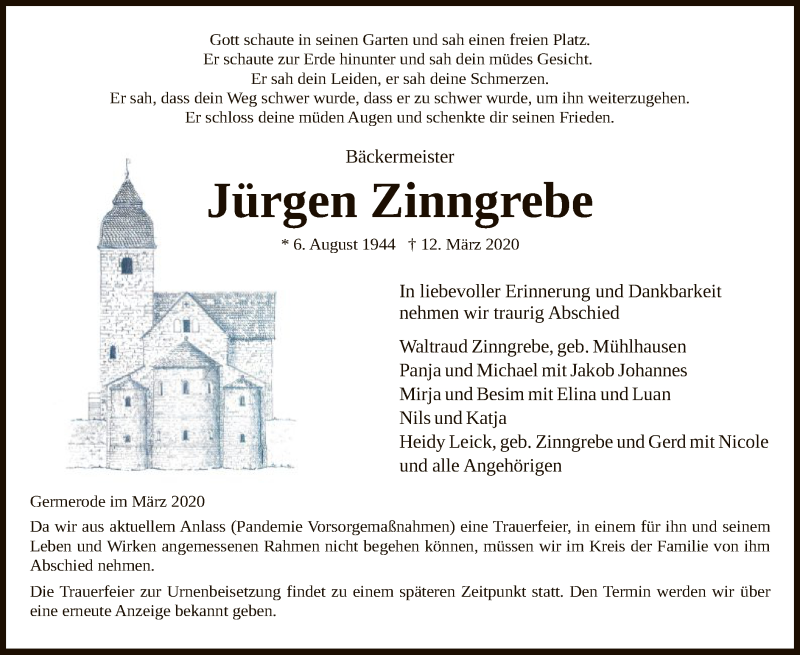  Traueranzeige für Jürgen Zinngrebe vom 18.03.2020 aus Eschwege